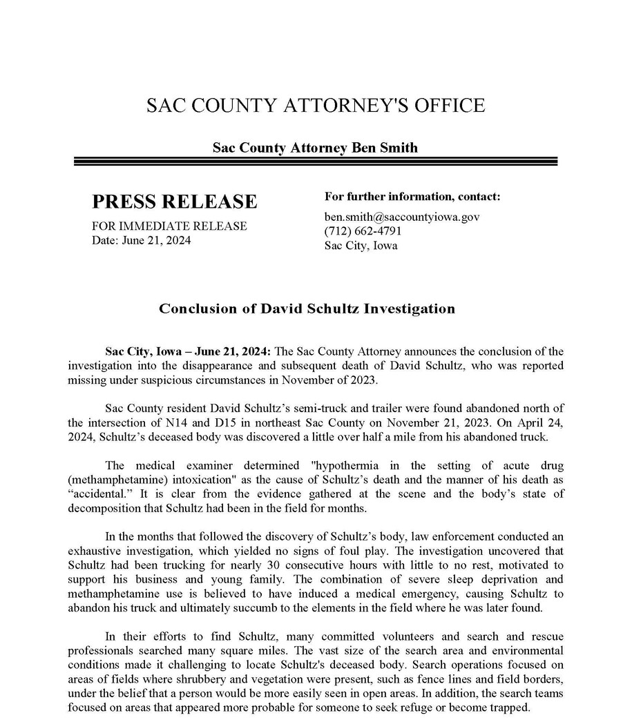 Sac County Attorney's Office Conclusion of David Schultz Investigation